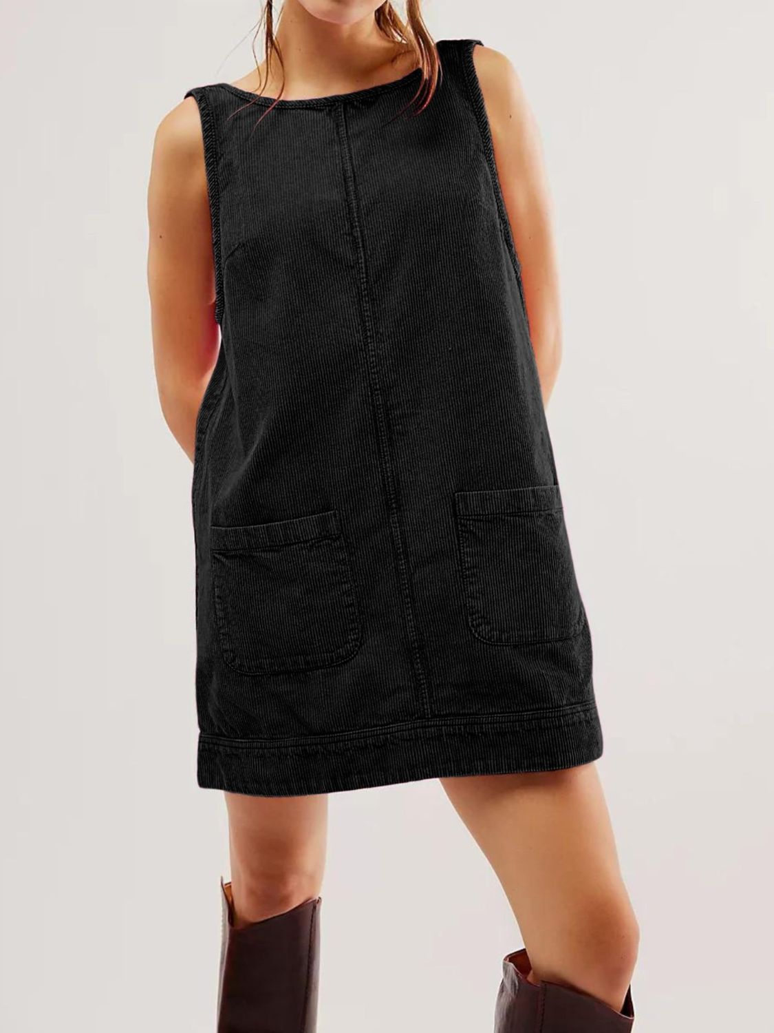 Mandy Round Neck Wide Strap Mini Dress with Pockets - Black / S