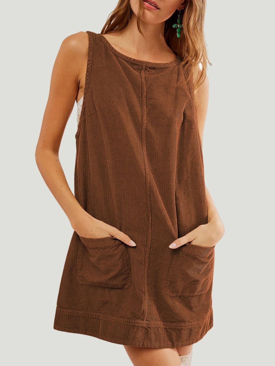 Mandy Round Neck Wide Strap Mini Dress with Pockets - Brown / S