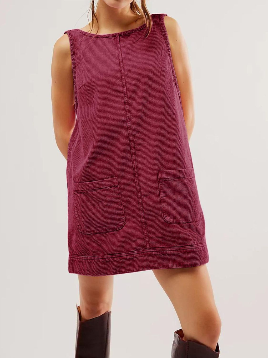 Mandy Round Neck Wide Strap Mini Dress with Pockets - Burgundy / S