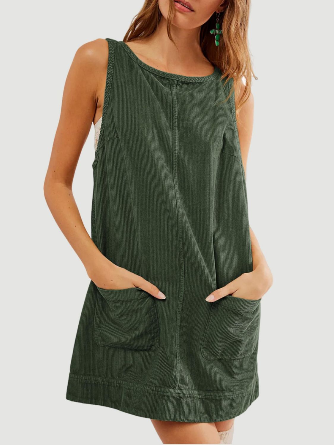 Mandy Round Neck Wide Strap Mini Dress with Pockets - Dark Green / S