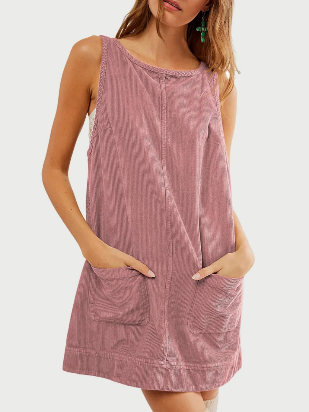 Mandy Round Neck Wide Strap Mini Dress with Pockets - Dusty Pink / S