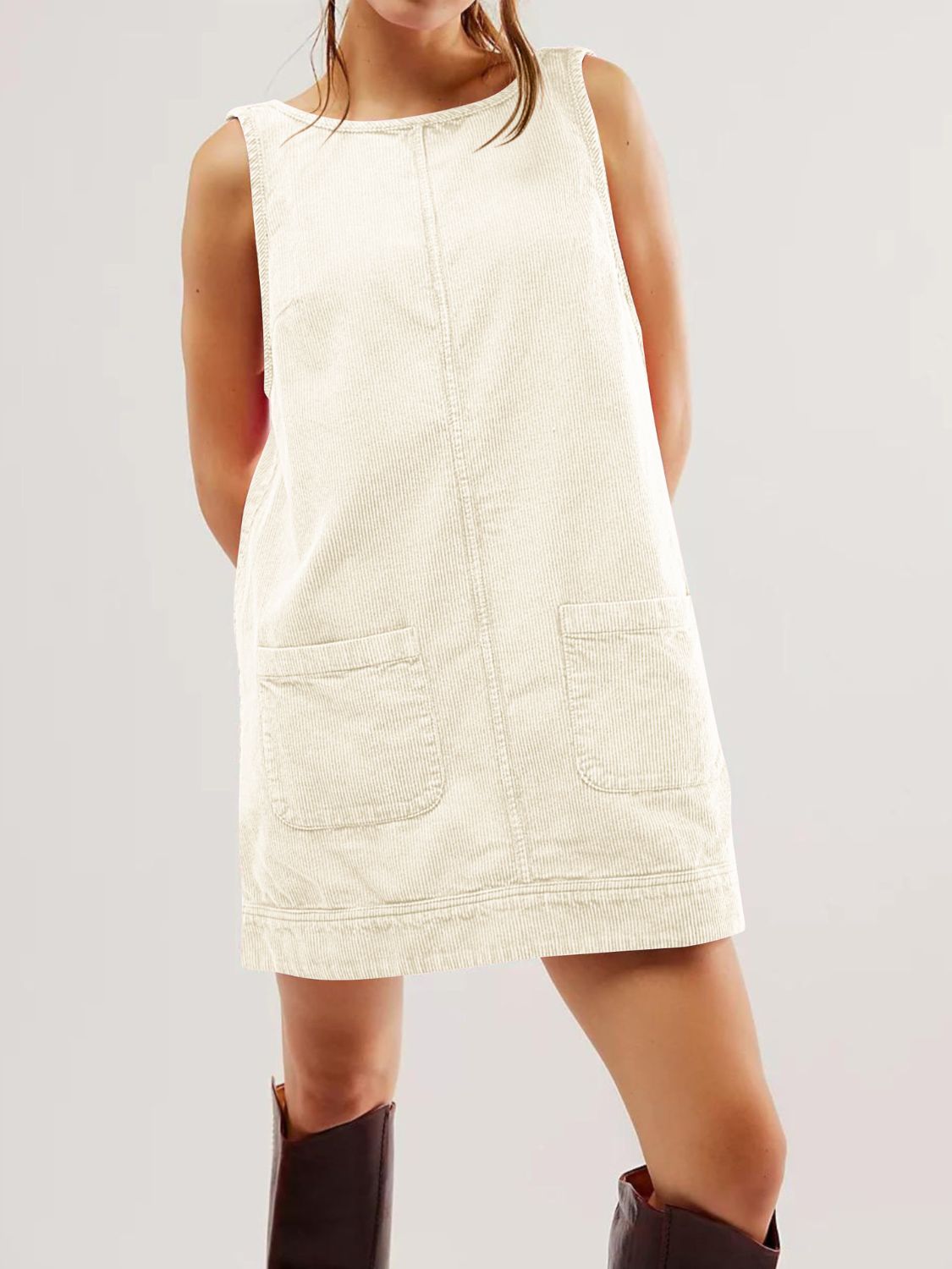 Mandy Round Neck Wide Strap Mini Dress with Pockets - Ivory / S