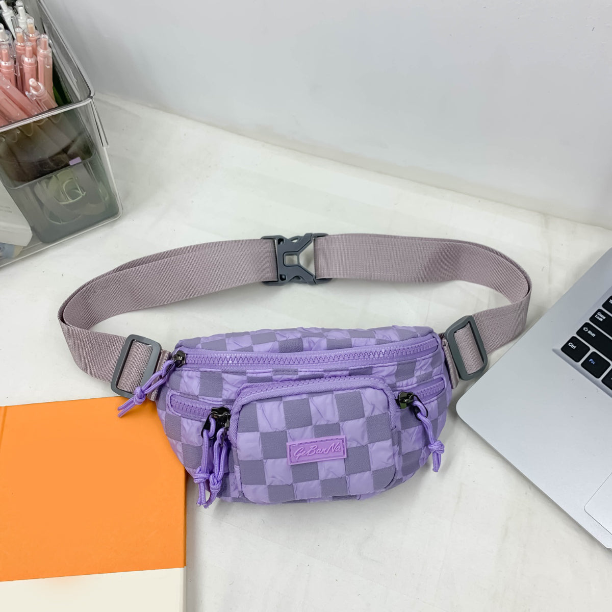 Medium Checkered Adjustable Strap Nylon Crossbody Bag - Lavender / One Size