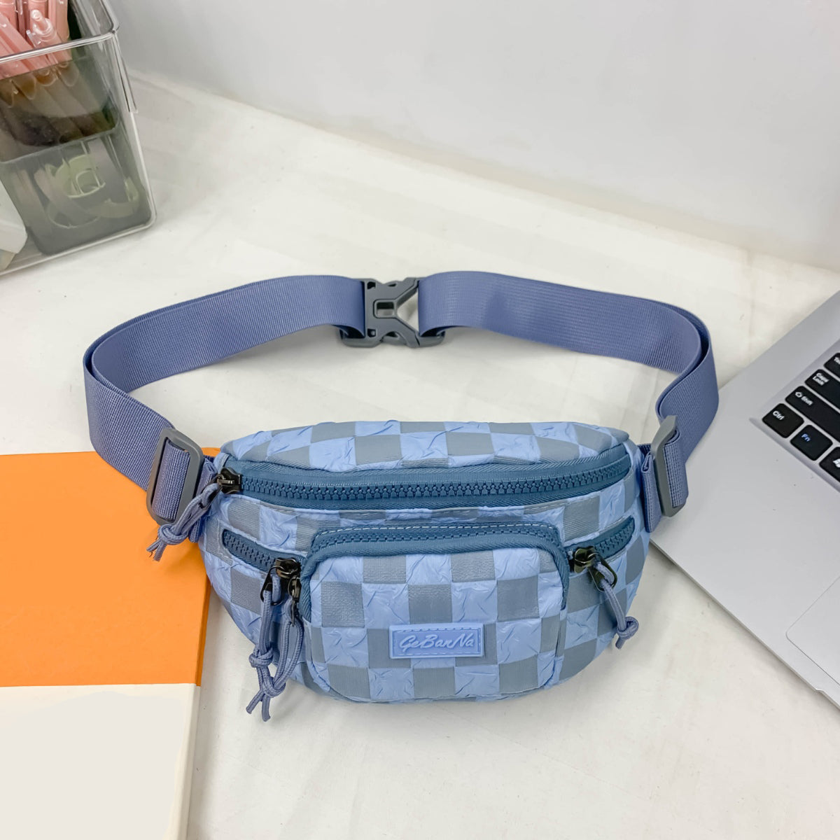 Medium Checkered Adjustable Strap Nylon Crossbody Bag - Light Blue / One Size