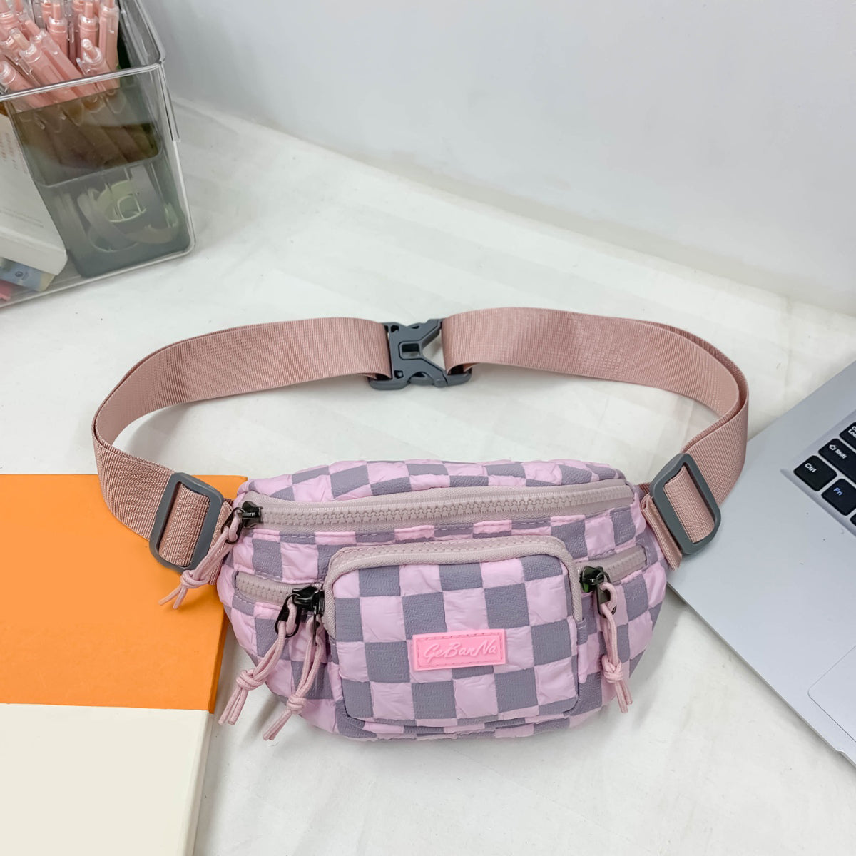 Medium Checkered Adjustable Strap Nylon Crossbody Bag - Pink / One Size