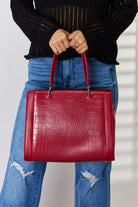 Medium Leather Handbag w Back Pocket - DARK RED / One Size