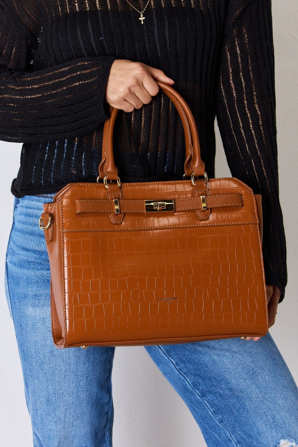 Medium Textured Leather Handbag - Brown / One Size