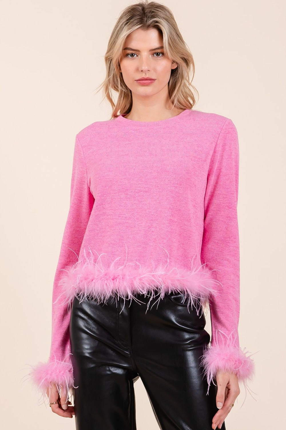 Mittoshop Feather Trim Long Sleeve Crop Hacci Knit Top - Bubble Gum / S