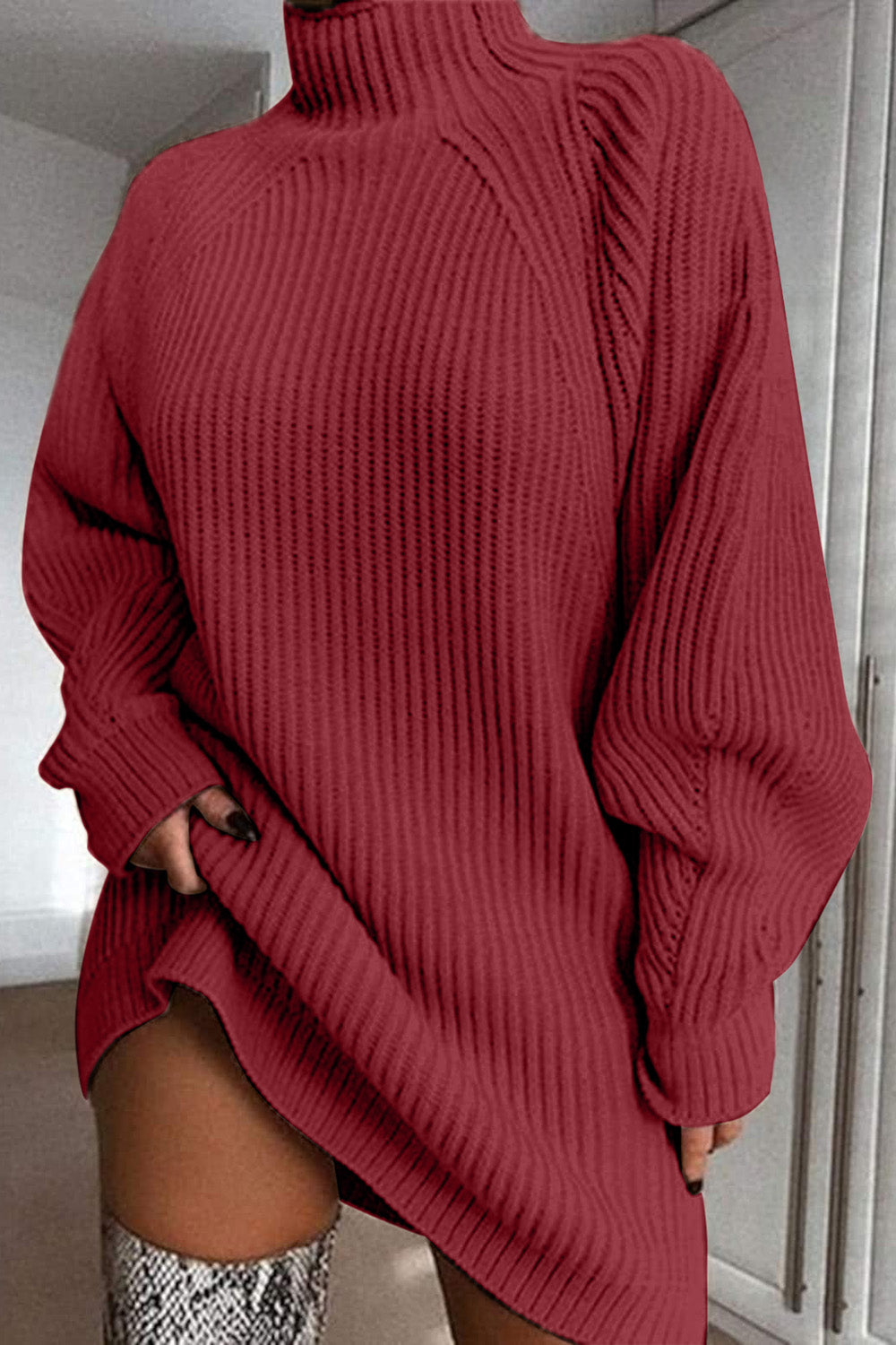 Mock Neck Dropped Shoulder Sweater Dress - Deep Red / S