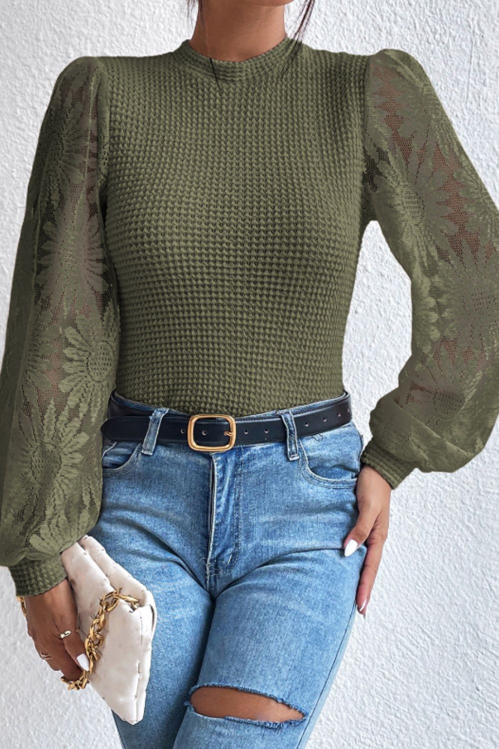 Mock Neck Lace Long Sleeve Top - Army Green / S