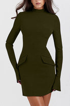 Mock Neck Long Sleeve Mini Dress - Army Green / XS