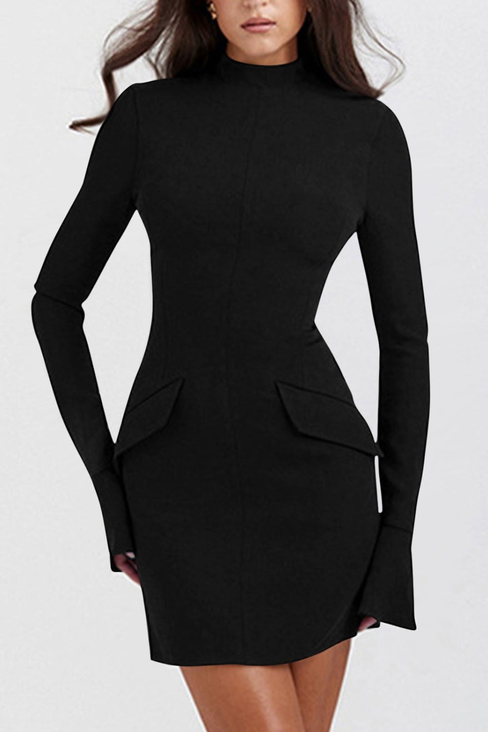 Mock Neck Long Sleeve Mini Dress - Black / XS