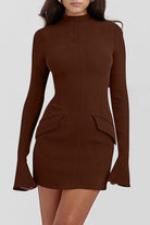 Mock Neck Long Sleeve Mini Dress - Brown / XS