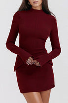 Mock Neck Long Sleeve Mini Dress - Burgundy / XS