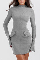 Mock Neck Long Sleeve Mini Dress - Gray / XS