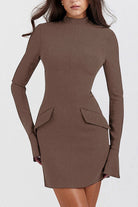 Mock Neck Long Sleeve Mini Dress - Mocha / XS