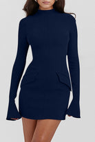 Mock Neck Long Sleeve Mini Dress - Navy / XS