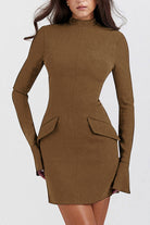 Mock Neck Long Sleeve Mini Dress - Taupe / XS