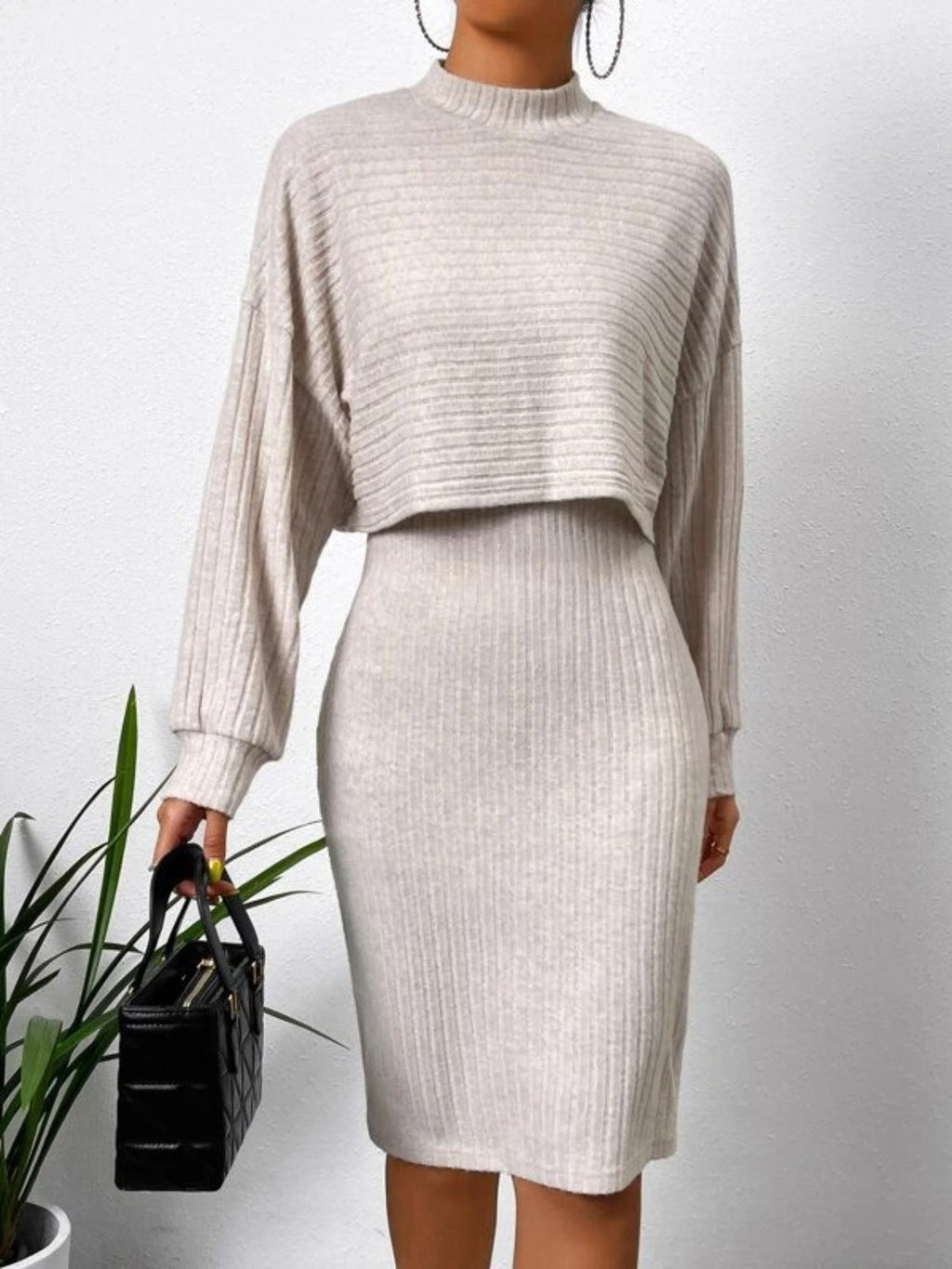 Mock Neck Long Sleeve Top and Wide Strap Dress Set - Dust Storm / S