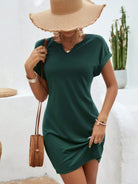 Notched Short Sleeve Mini Tee Dress - Dark Green / S