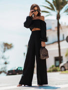 Off Shoulder Long Sleeve Top and Pants Set - Black / S