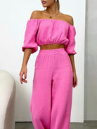 Off Shoulder Long Sleeve Top and Pants Set - Hot Pink / S