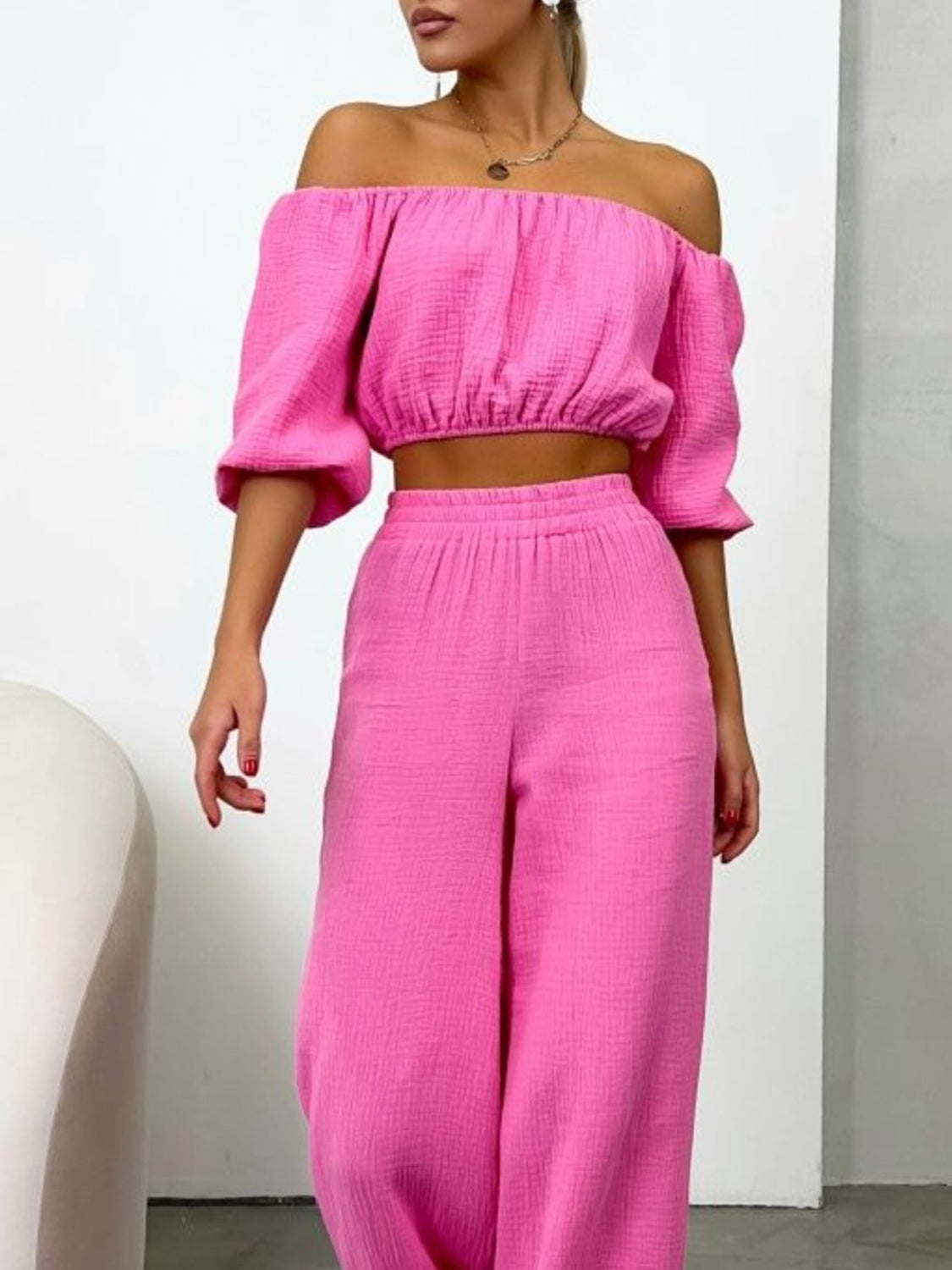 Off Shoulder Long Sleeve Top and Pants Set - Hot Pink / S