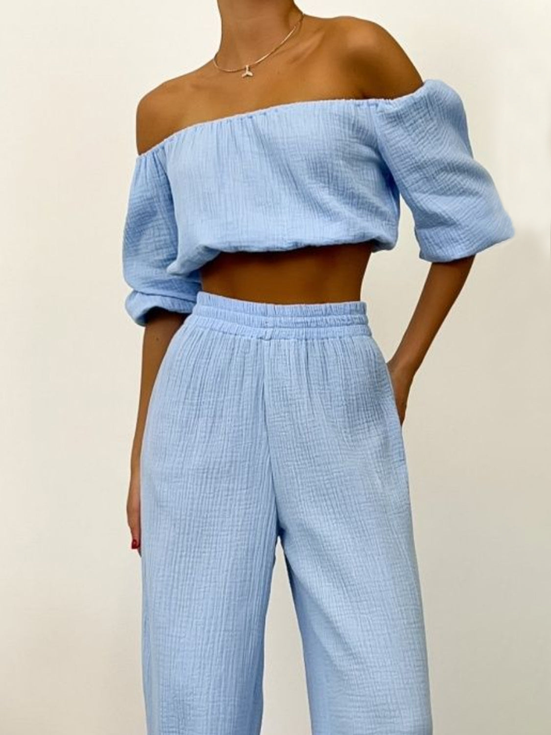 Off Shoulder Long Sleeve Top and Pants Set - Light Blue / S