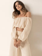 Off Shoulder Long Sleeve Top and Pants Set - Tan / S