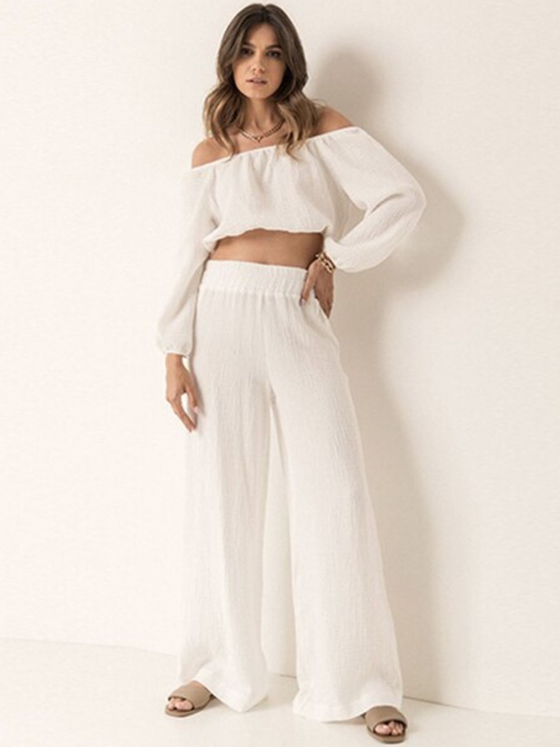 Off Shoulder Long Sleeve Top and Pants Set - White / S