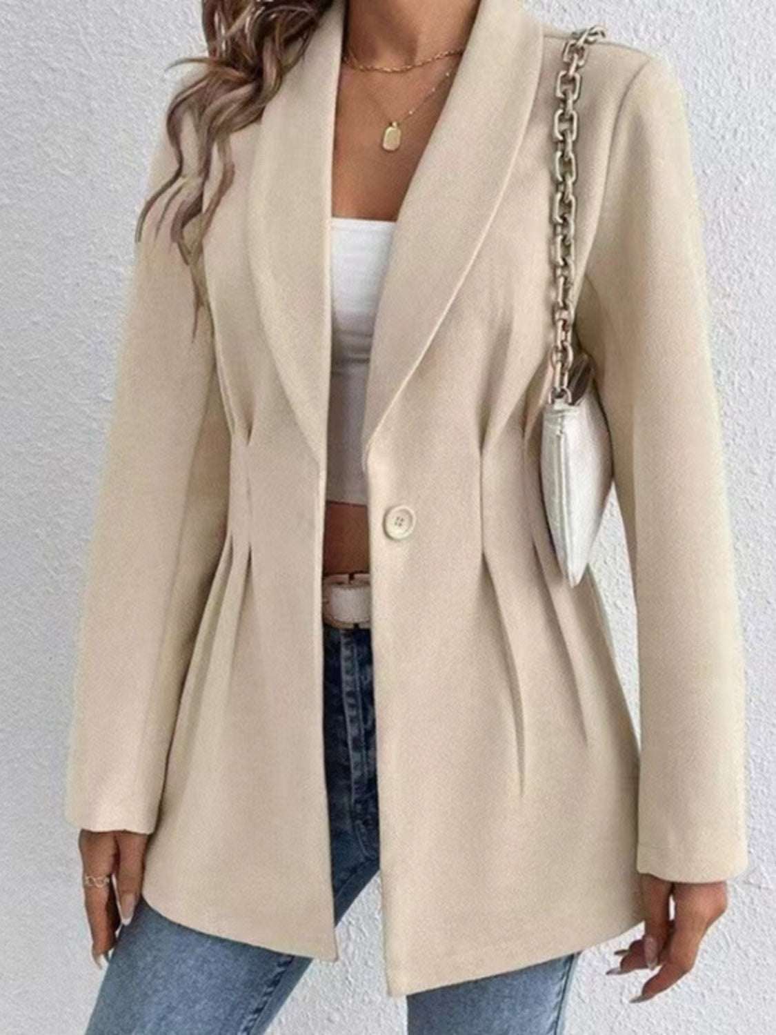 One Button Long Sleeve Blazer - Khaki / S