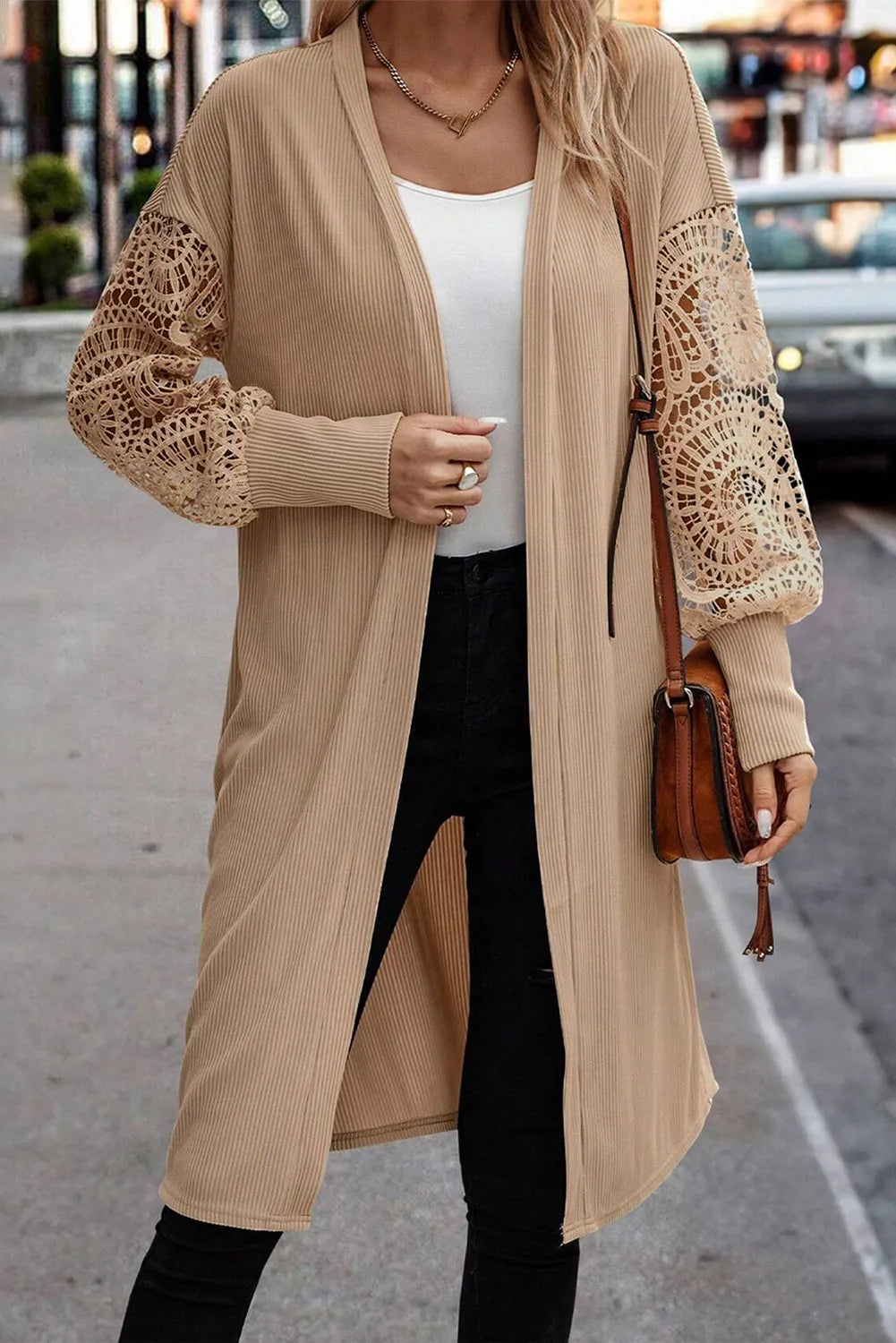 Open Front Lace Lantern Sleeve Cover-Up - Tan / S