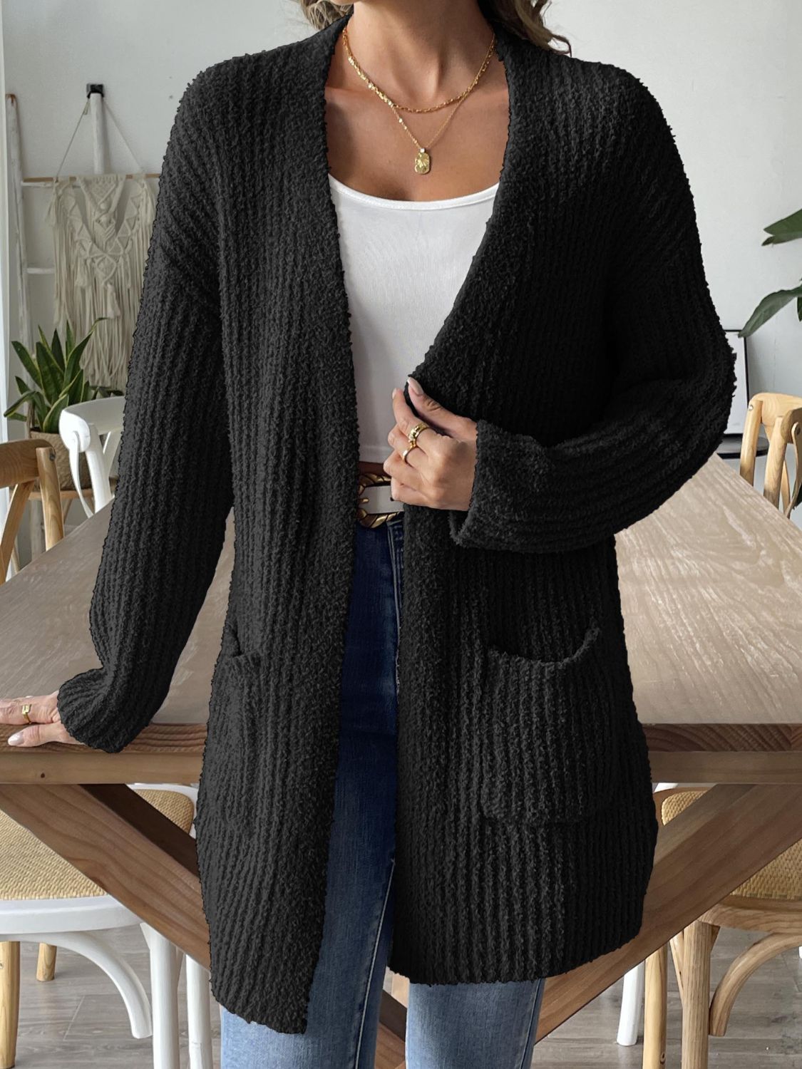 Open Front Long Sleeve Cardigan - Black / S