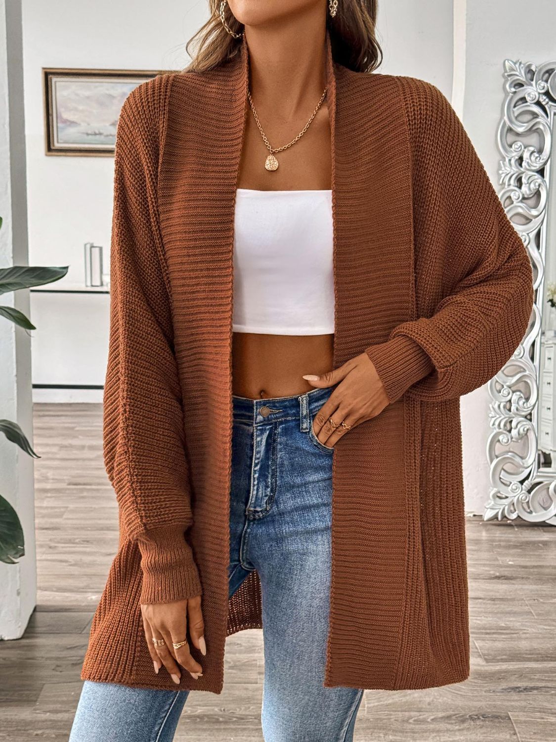 Open Front Long Sleeve Cardigan - Brown / One Size