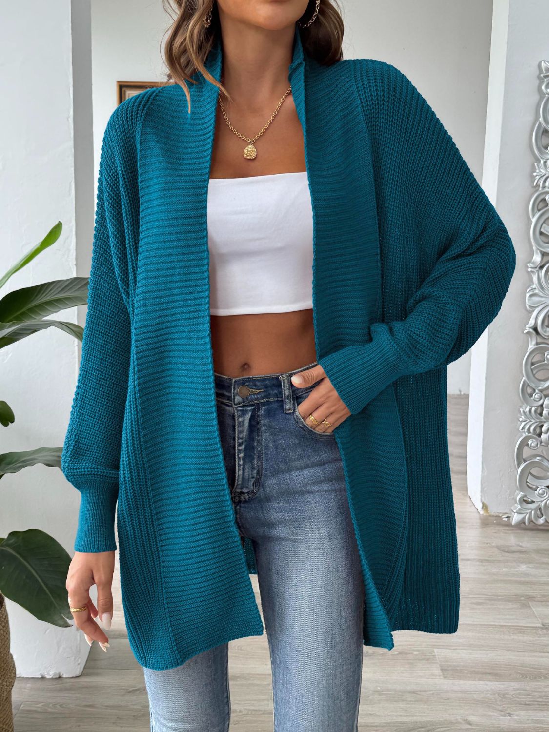 Open Front Long Sleeve Cardigan - Deep Teal / One Size