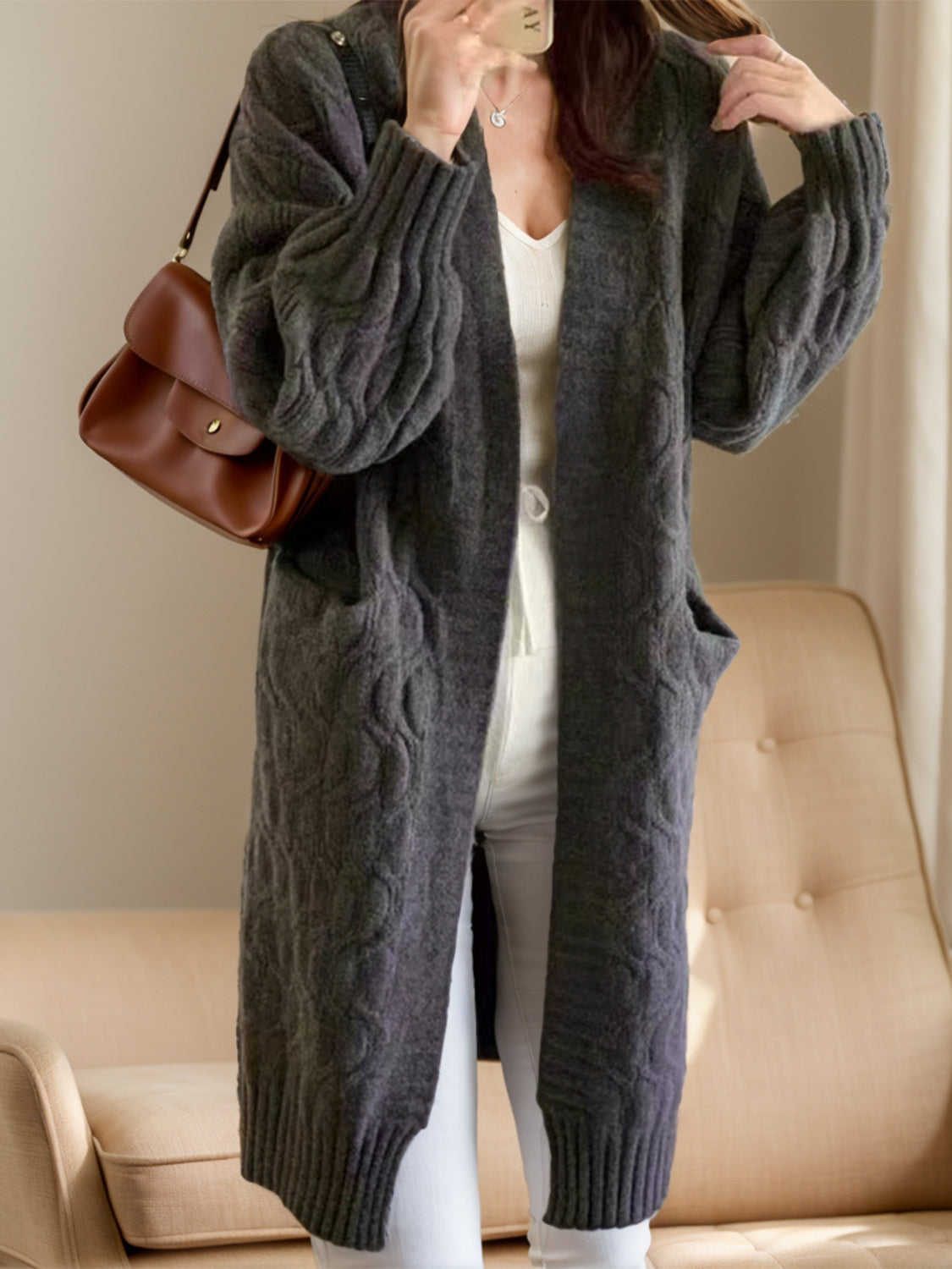 Open Front Long Sleeve Cardigan - Gray / One Size