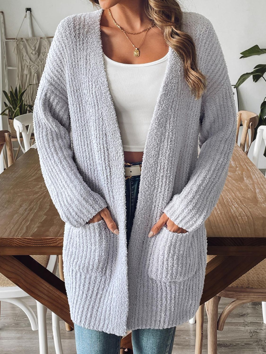 Open Front Long Sleeve Cardigan - Gray / S