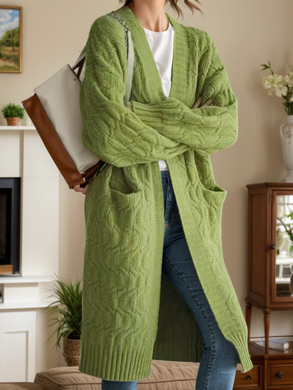 Open Front Long Sleeve Cardigan - Green / One Size