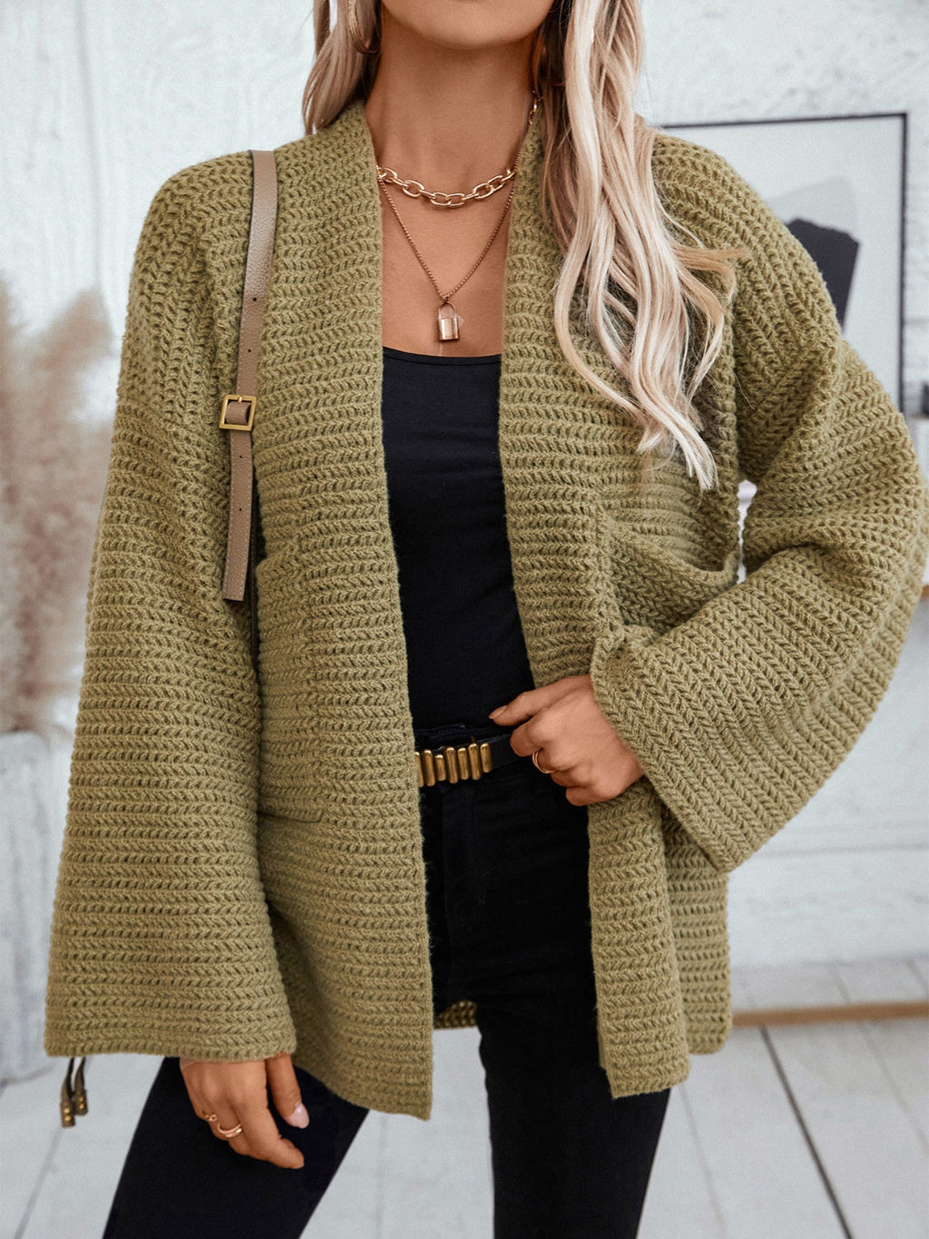 Open Front Long Sleeve Cardigan - Moss / S