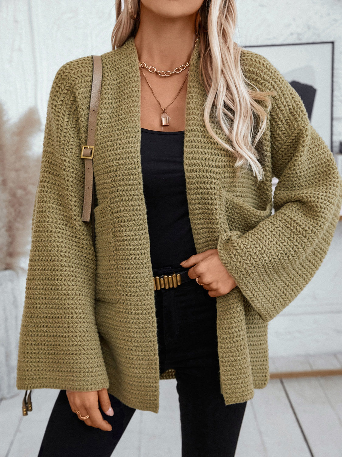 Open Front Long Sleeve Cardigan - Moss / S