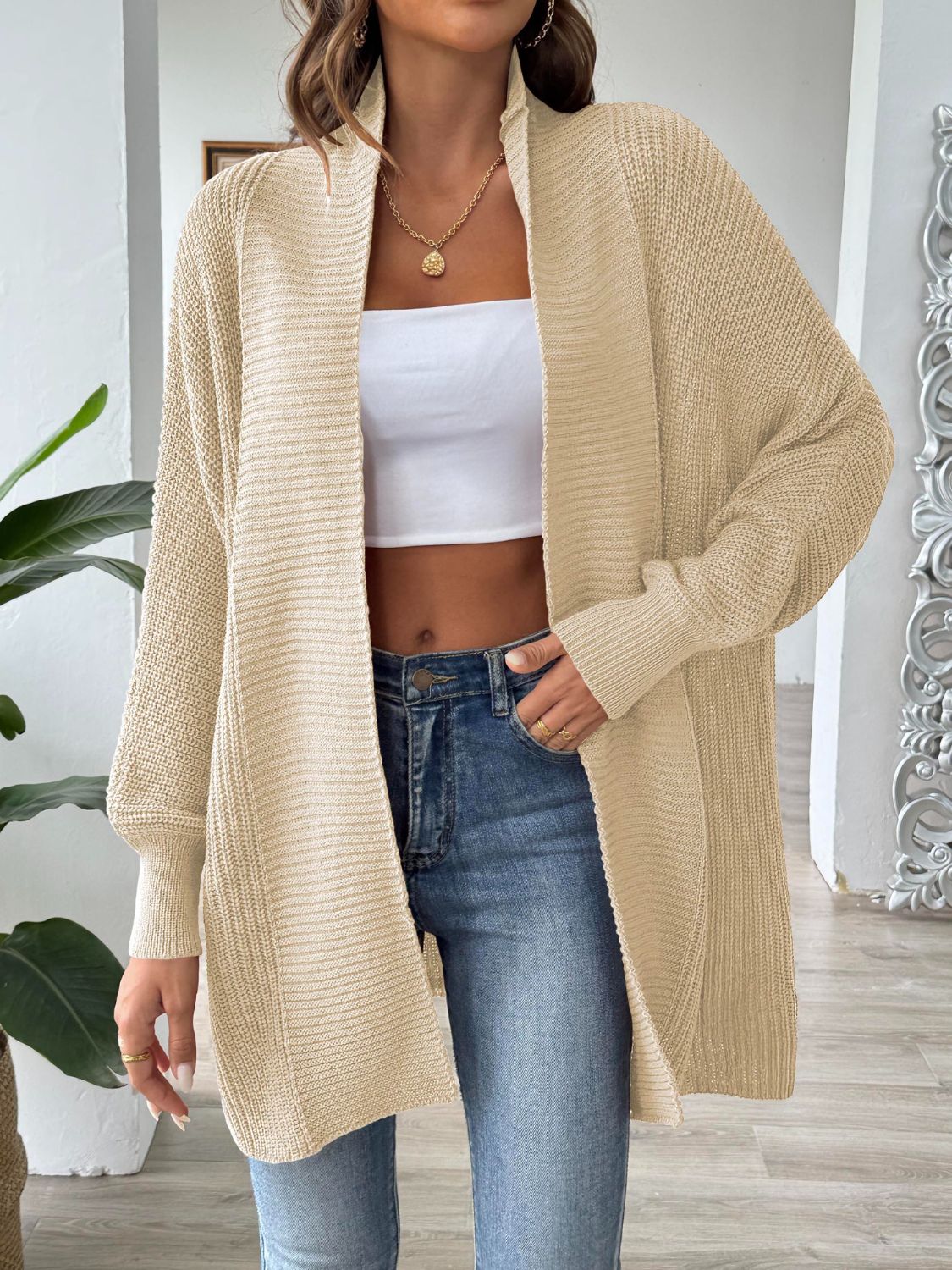 Open Front Long Sleeve Cardigan - Tan / One Size