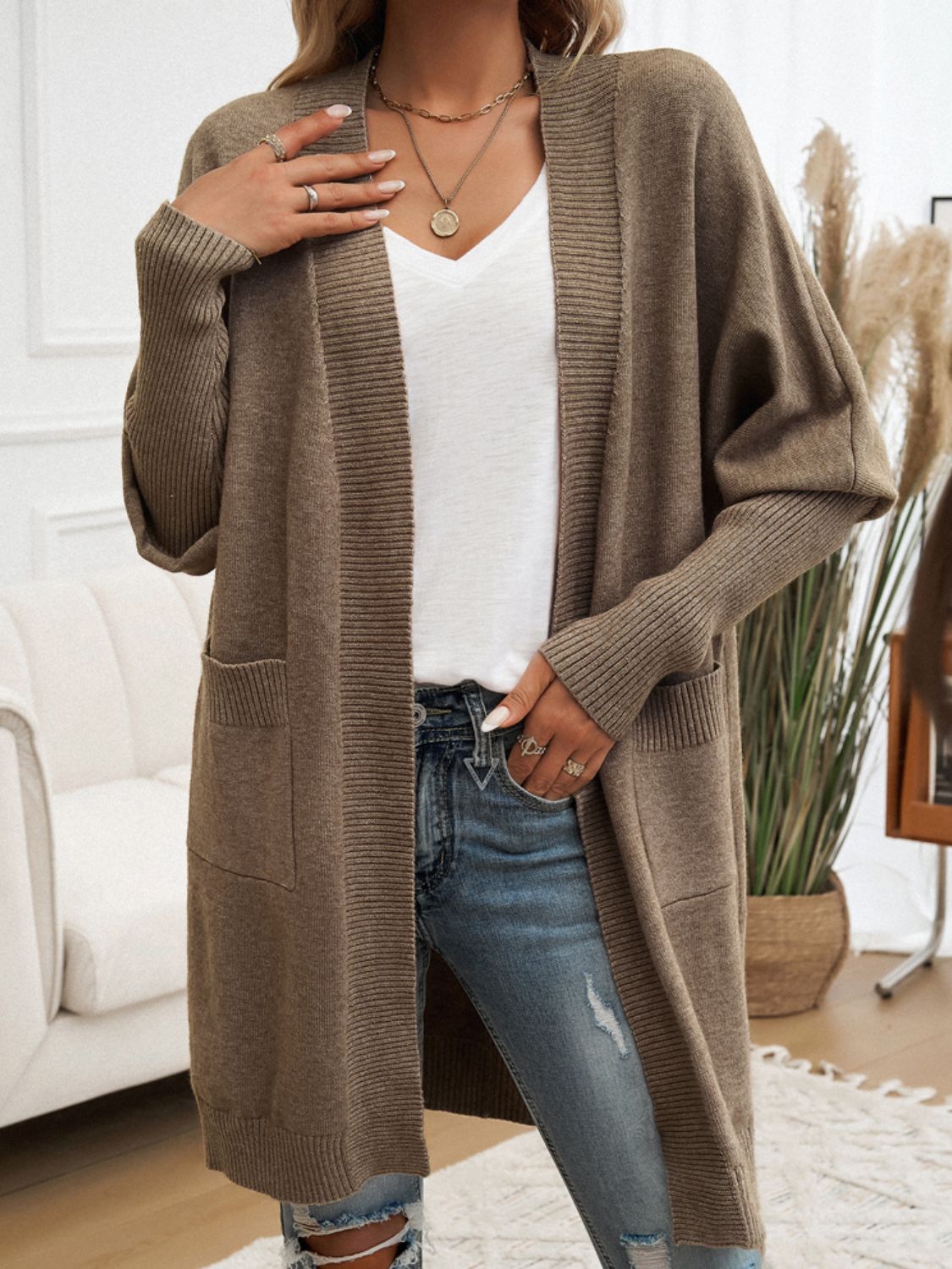 Open Front Long Sleeve Cardigan - Taupe / S