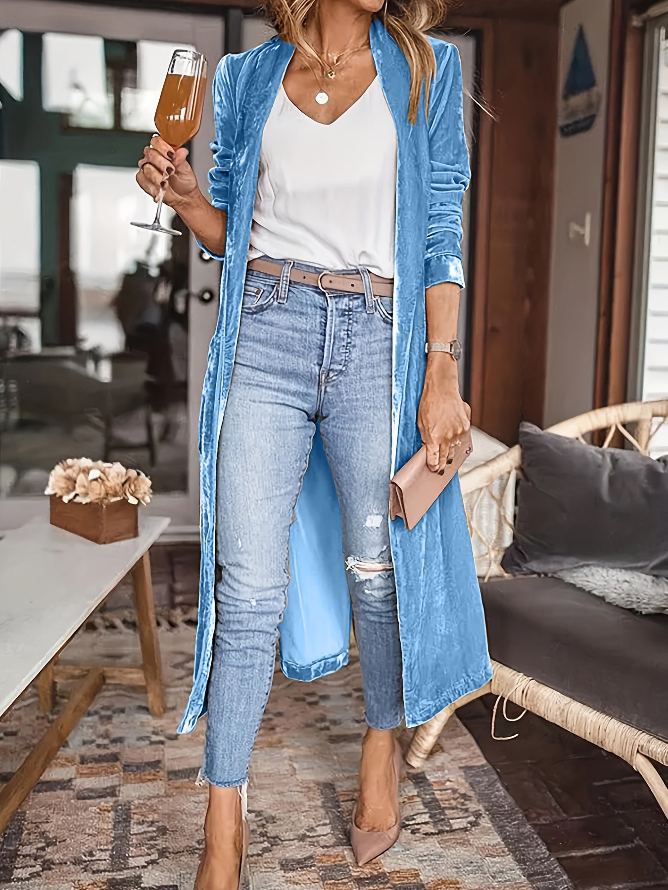 Open Front Long Sleeve Coat - Blue / S