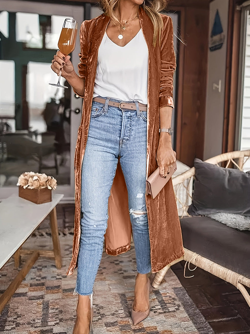 Open Front Long Sleeve Coat - Brown / S