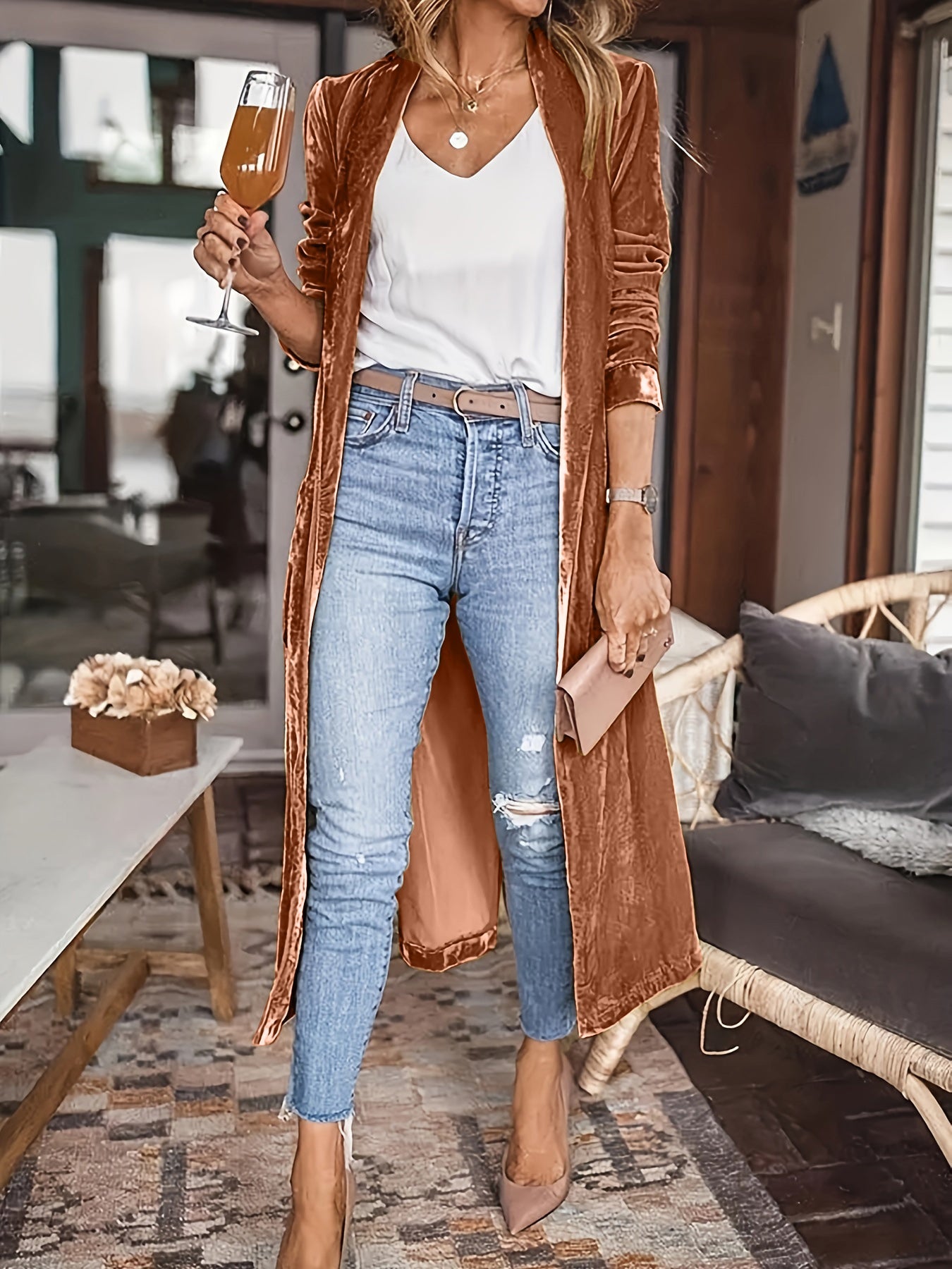 Open Front Long Sleeve Coat - Brown / S