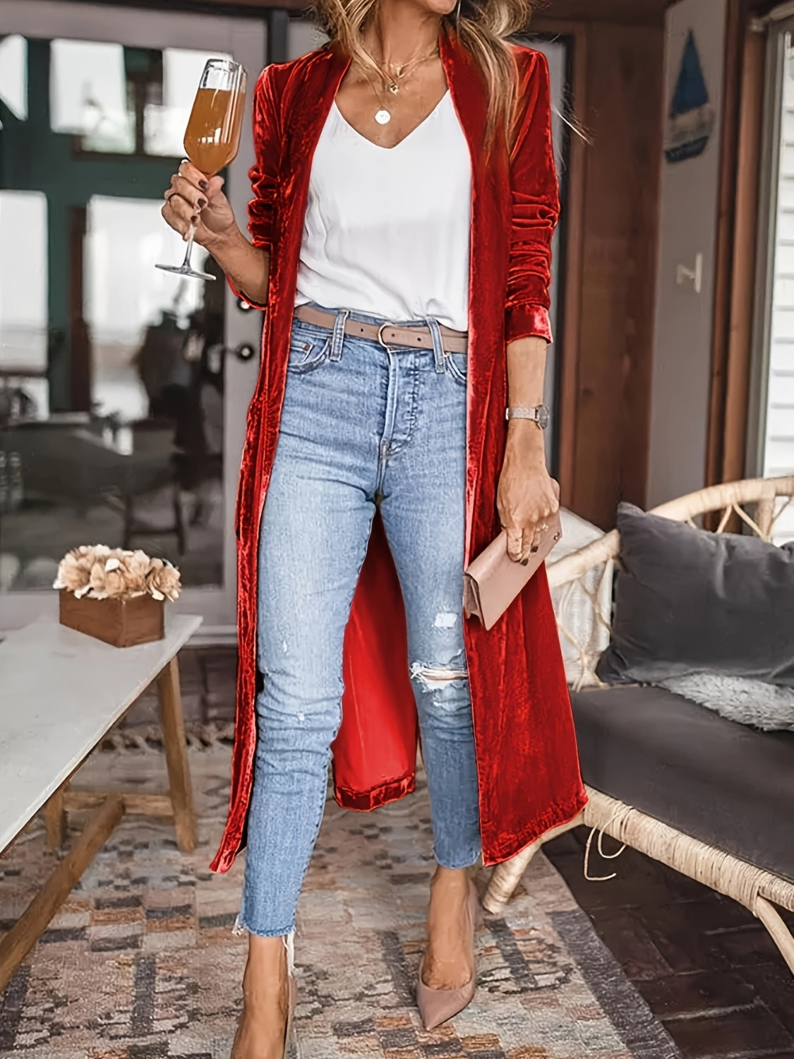 Open Front Long Sleeve Coat - Burgundy / S