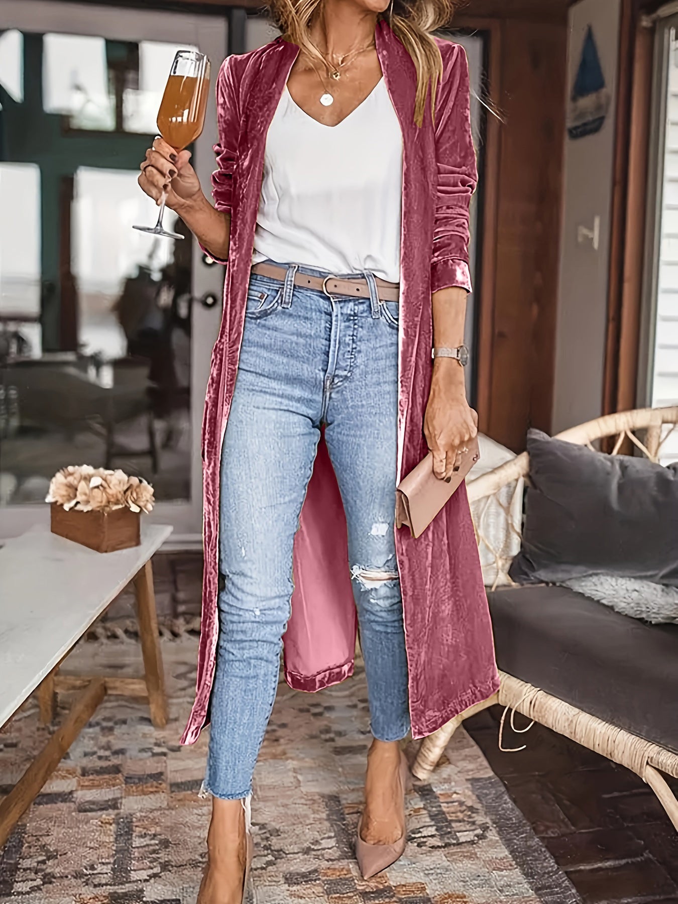 Open Front Long Sleeve Coat - Dusty Pink / S
