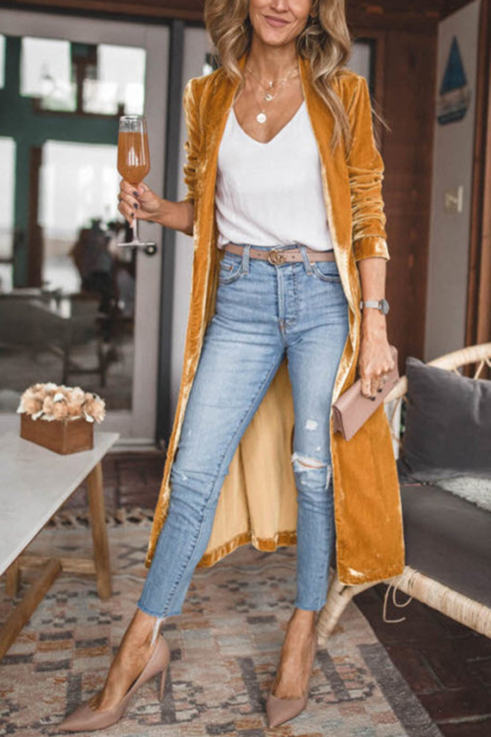Open Front Long Sleeve Coat - Tangerine / S
