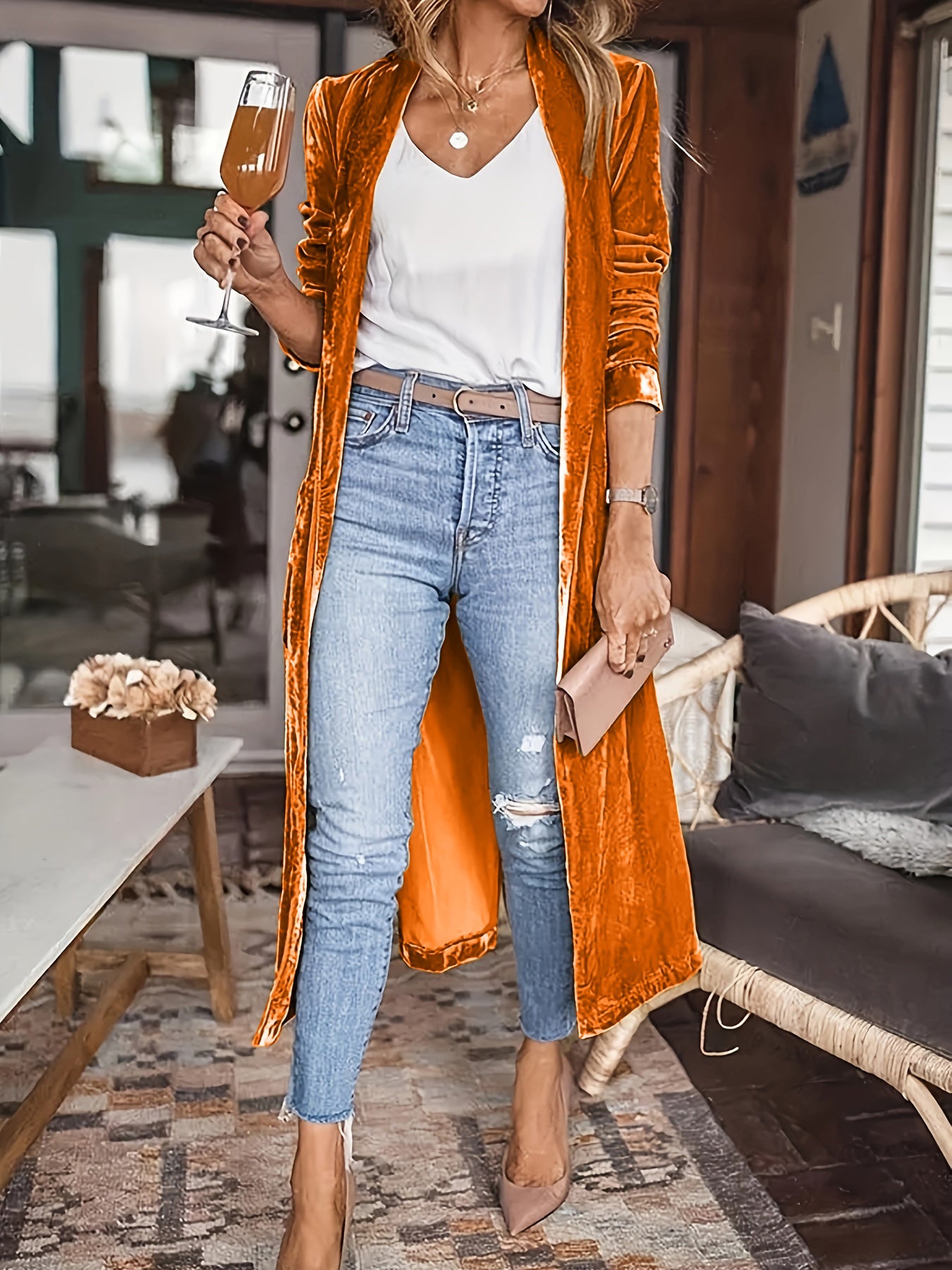 Open Front Long Sleeve Coat - Terracotta / S
