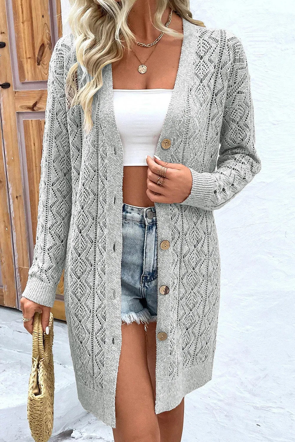 Openwork Button Down Long Sleeve Cardigan - Gray / S